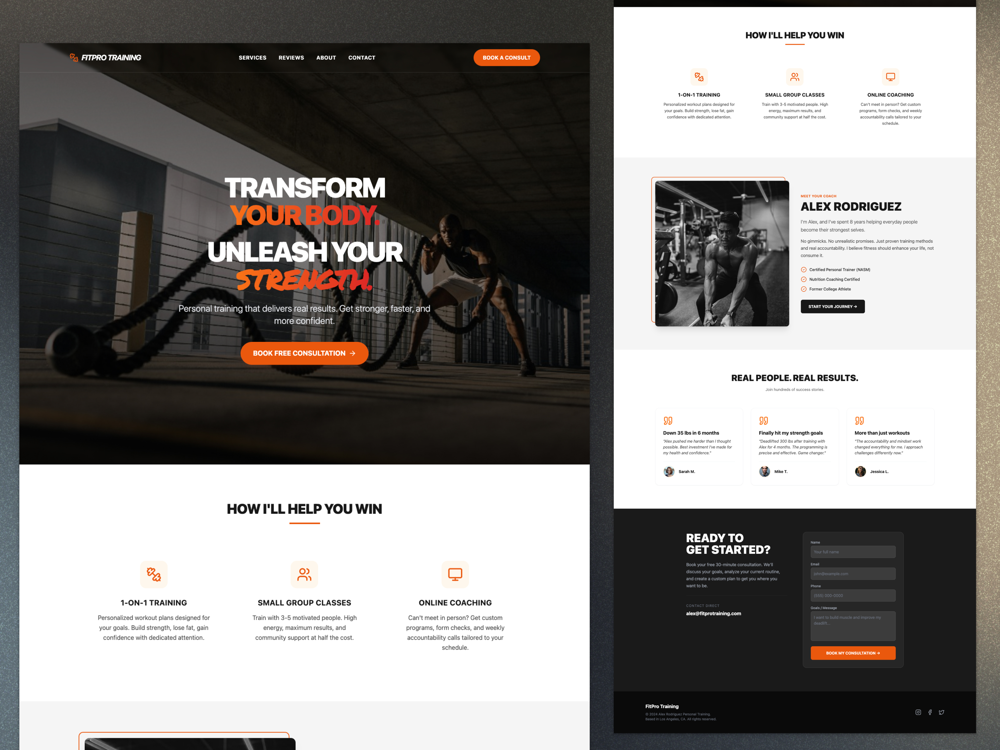 Website design example for a personal training website.